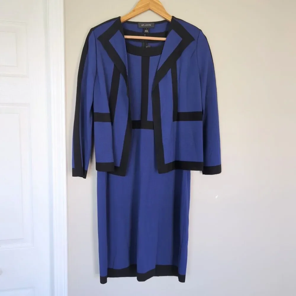 St. John Blue Black Colorblock Jacket Milano Knit Dress Set Size 6/12 Career